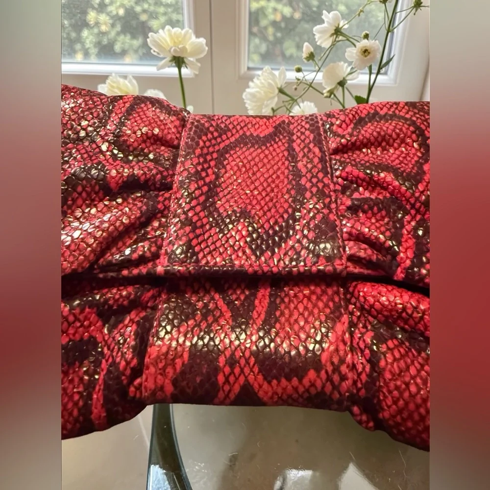 Furla EUC Red and Black Snake-Print Bow Clutch - Picture 3 of 11